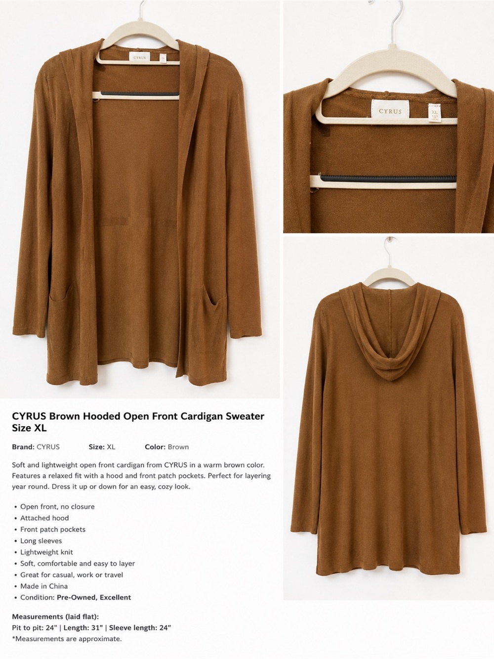 Cyrus Brown Hooded Open Front Cardigan Sweater XL